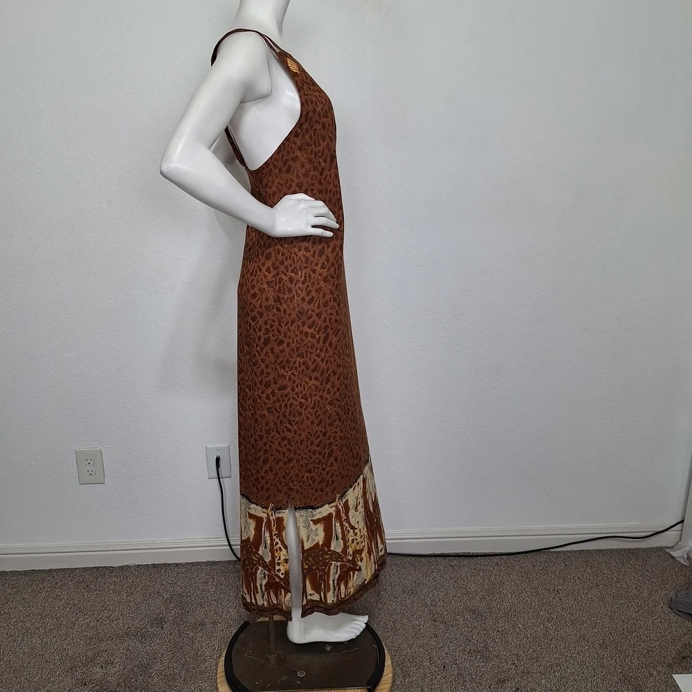 Brown Giraffe Animal Print Linen Boho Bohemian W/Pocket Sleeveless Maxi Dress - Picture 4 of 8